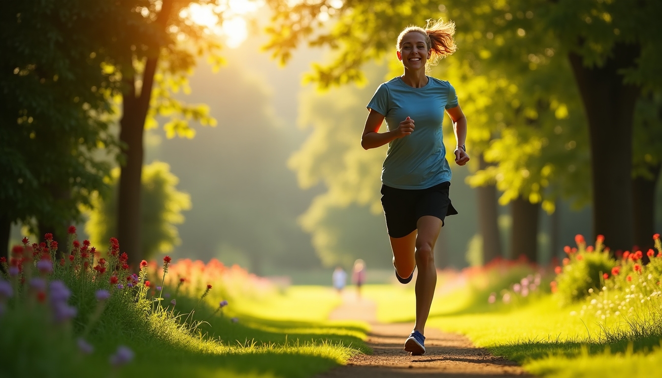 Persoană alergând într-un parc verde, demonstrând importanța exercițiilor cardio.