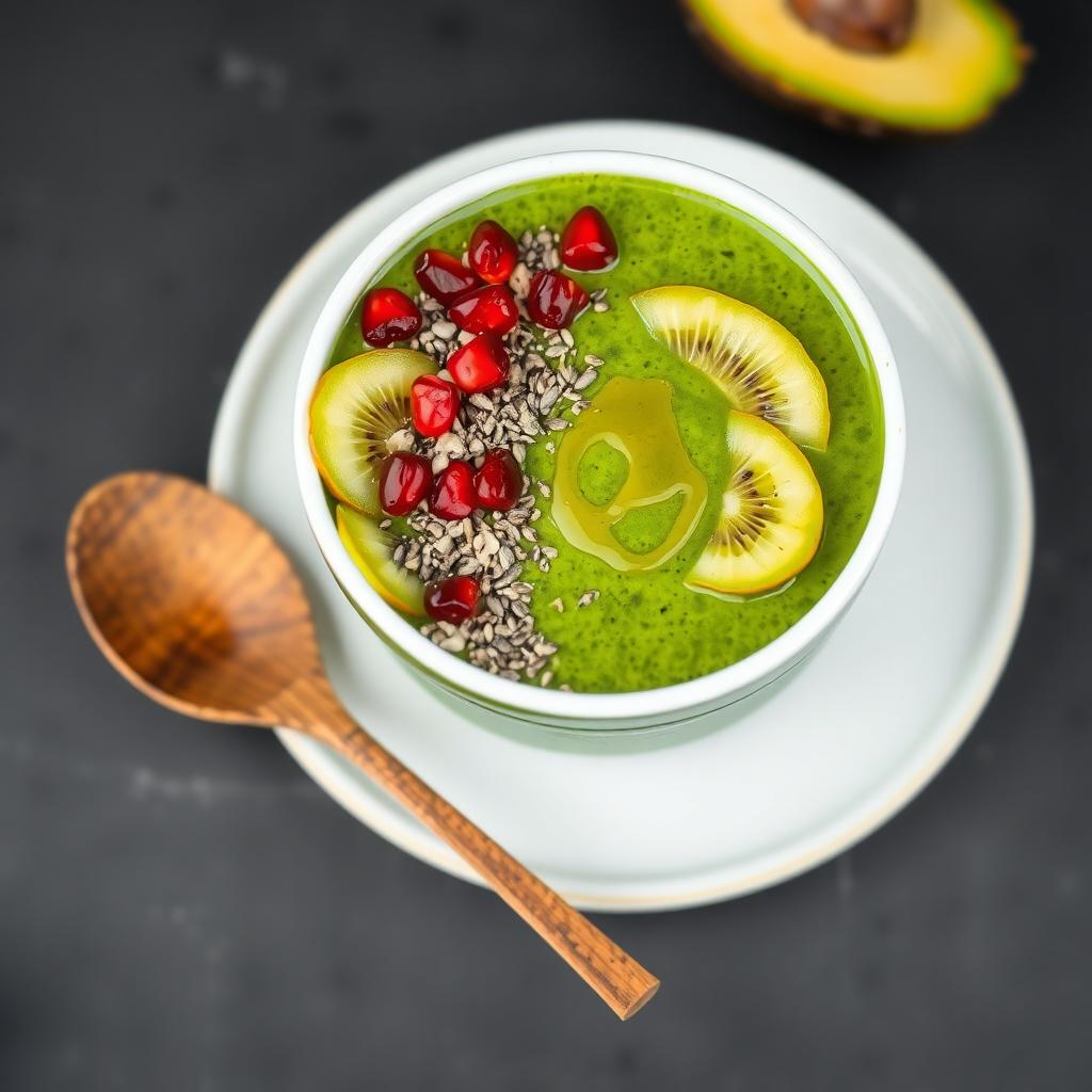 Un bol de smoothie verde cu kiwi feliat, semințe de rodie și chia, decorat cu miere, pe o farfurie albă.