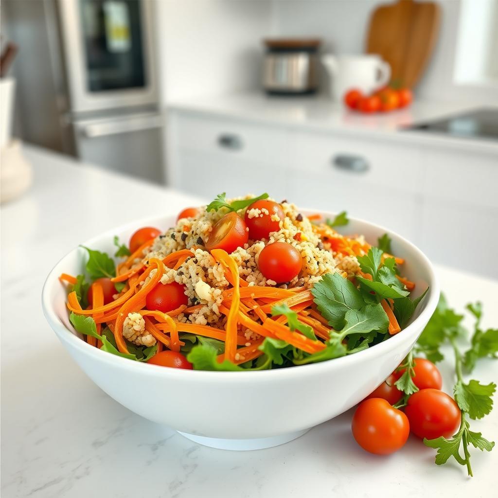 Salată detoxifiantă cu quinoa, rucola, morcovi rași, roșii cherry și dressing de lămâie, servită într-un bol ceramic alb pe un blat modern de bucătărie.