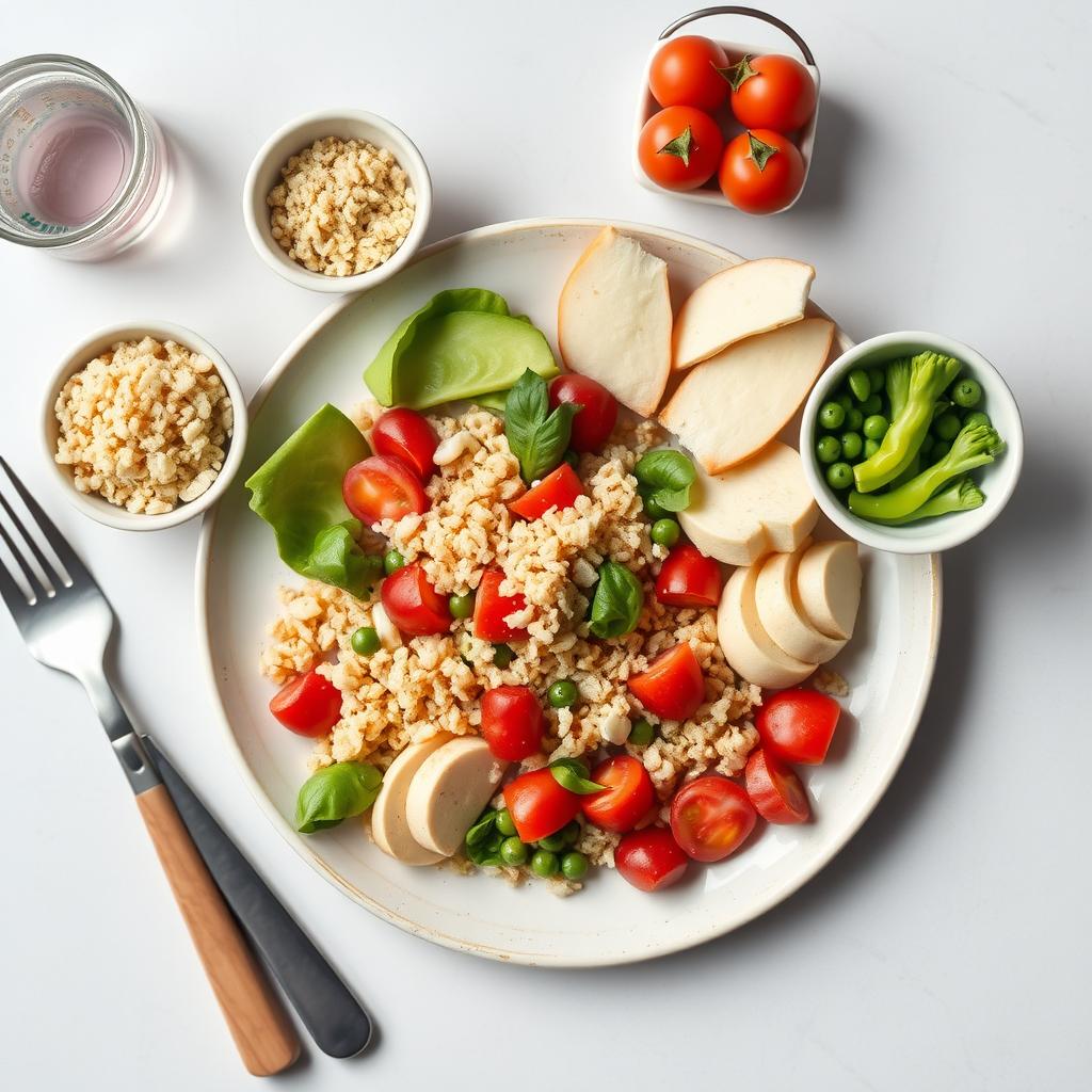 Masă sănătoasă cu porții controlate de salată, pui și quinoa.