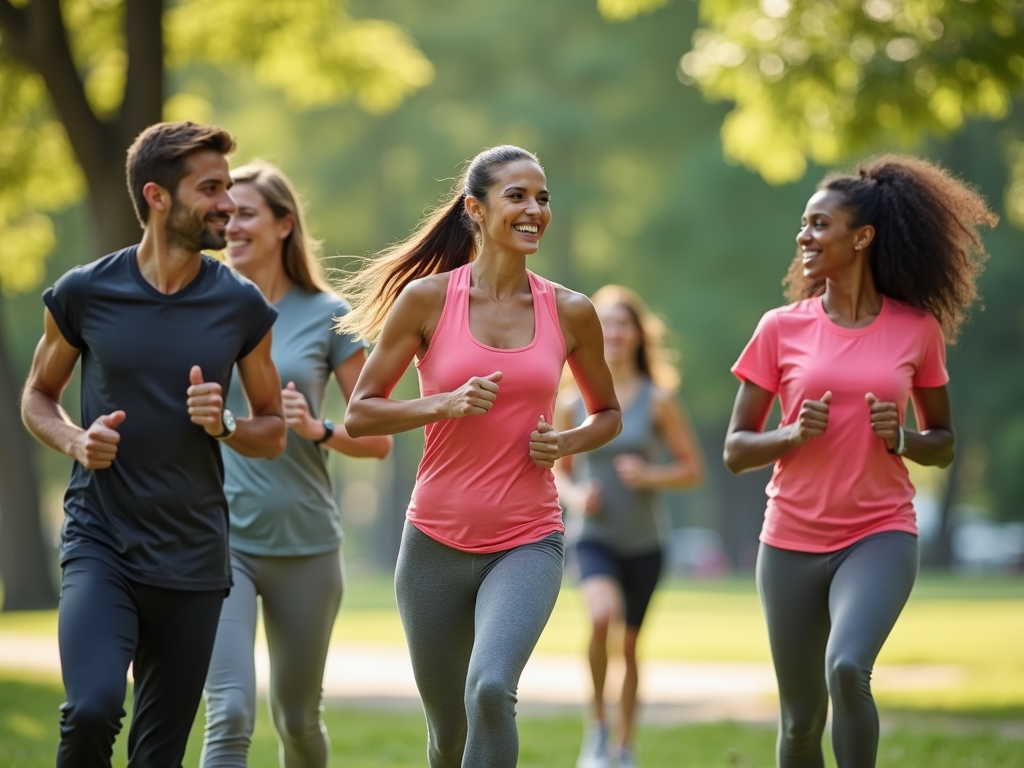 Grup de prieteni care fac exerciții împreună într-un parc, zâmbind și încurajându-se reciproc.