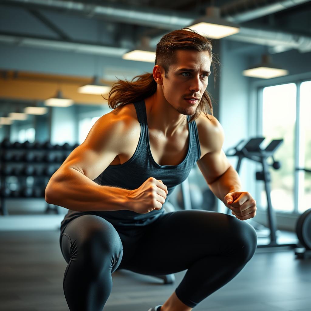Persoană care efectuează un antrenament HIIT, făcând sărituri cu genuflexiuni într-o sală de fitness modernă.