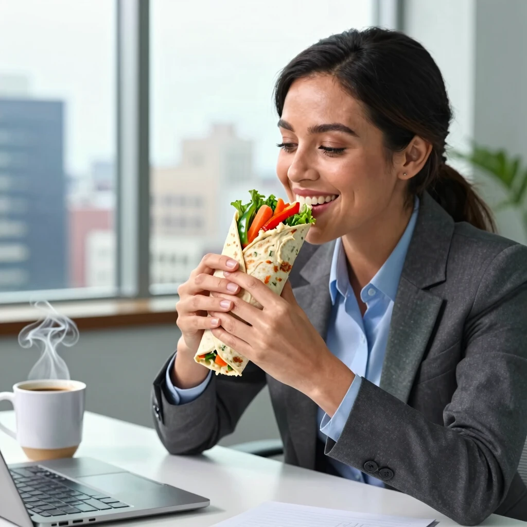 Angajat savurând un wrap vegetal la birou
