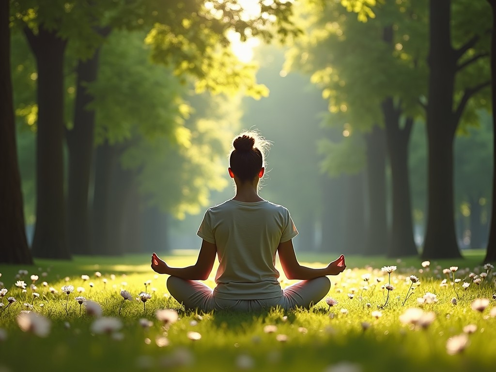 O persoană meditând într-un parc liniștit, simbolizând importanța disciplina mentale.