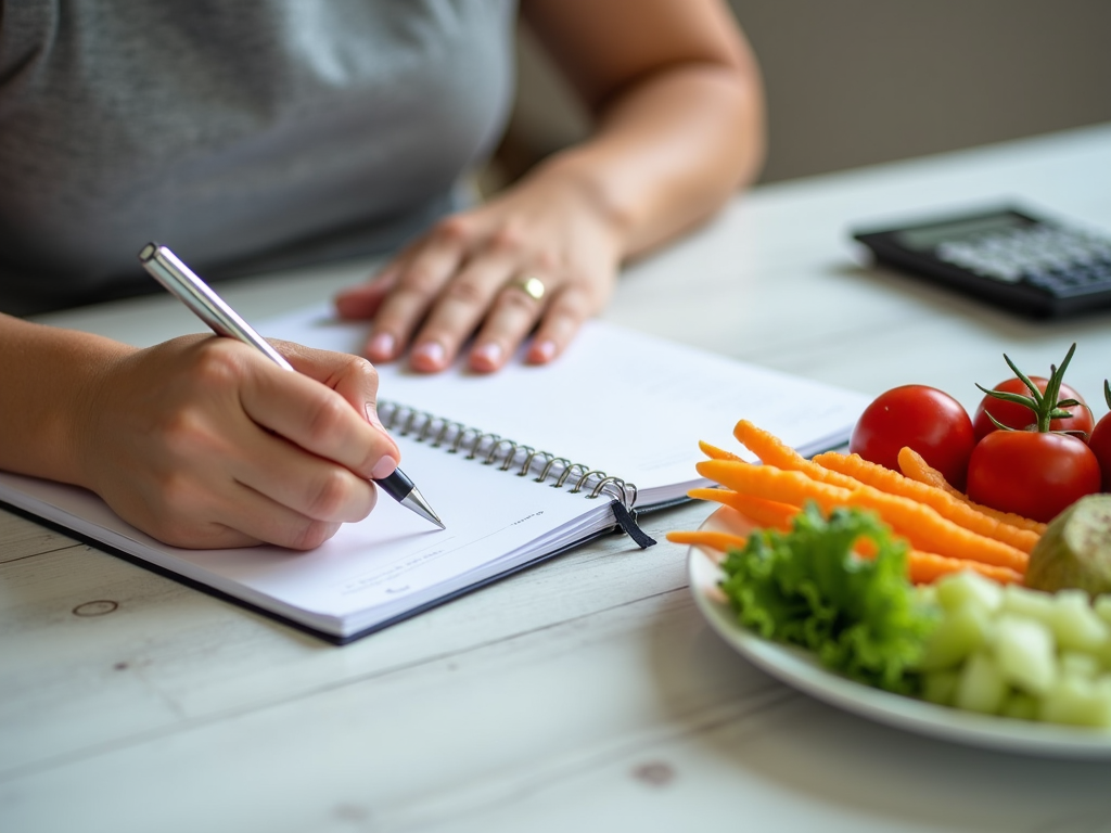 O persoană care scrie într-un jurnal, cu un calculator și o farfurie cu mâncare sănătoasă în apropiere. Decorul este o masă de bucătărie, subliniind aspectul de planificare al dietei.
