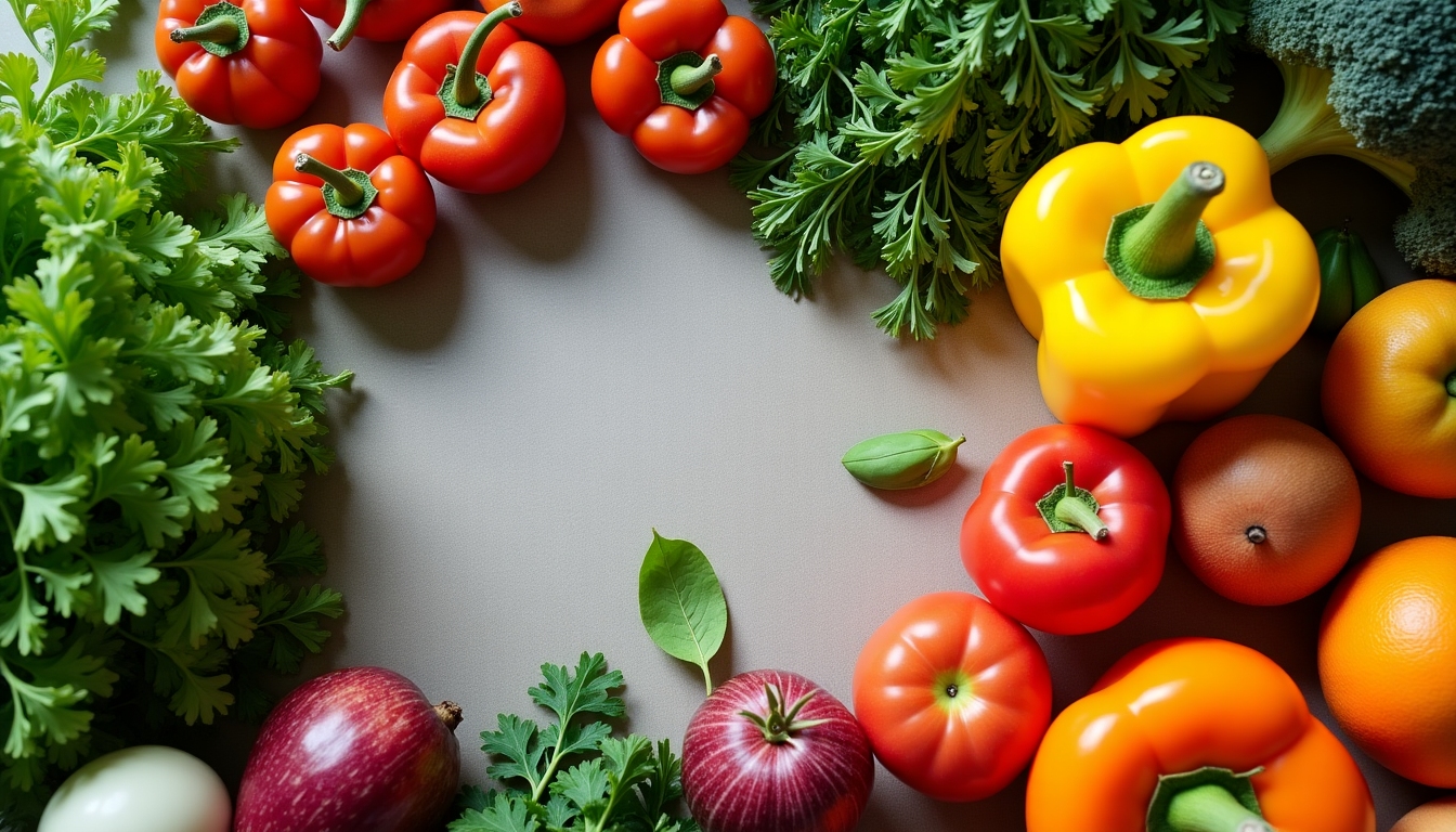 Listare a diferitelor alimente sănătoase, cum ar fi legume și fructe, pe o masă.