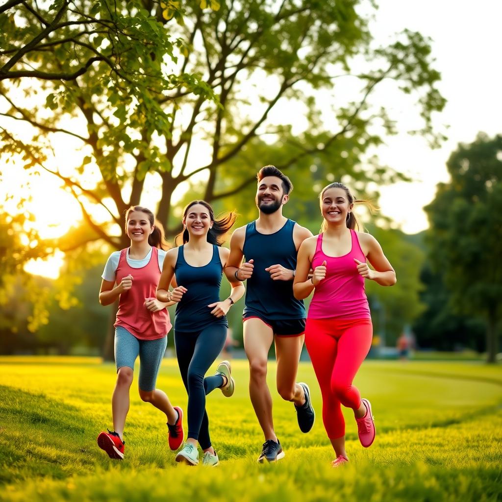 Grup de prieteni veseli care aleargă împreună într-un parc verde la răsărit, purtând haine sport colorate.
