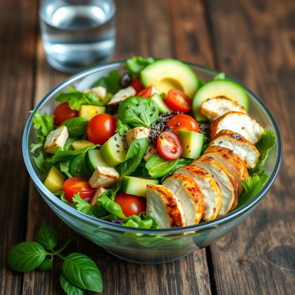 Bol cu salată proaspătă, plină de legume colorate, piept de pui la grătar, avocado și semințe de chia, stropită cu ulei de măsline și lămâie, așezată pe o masă rustică din lemn.