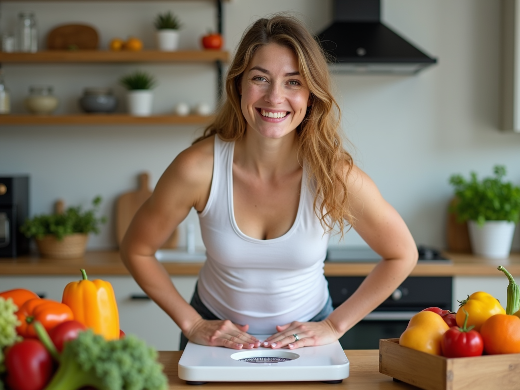 Persoană zâmbind pe cântar într-o bucătărie plină de fructe și legume