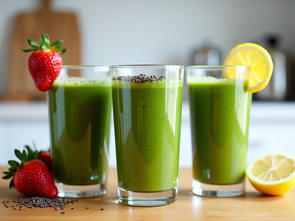 Trei smoothie-uri verzi variate pe un blat de bucătărie