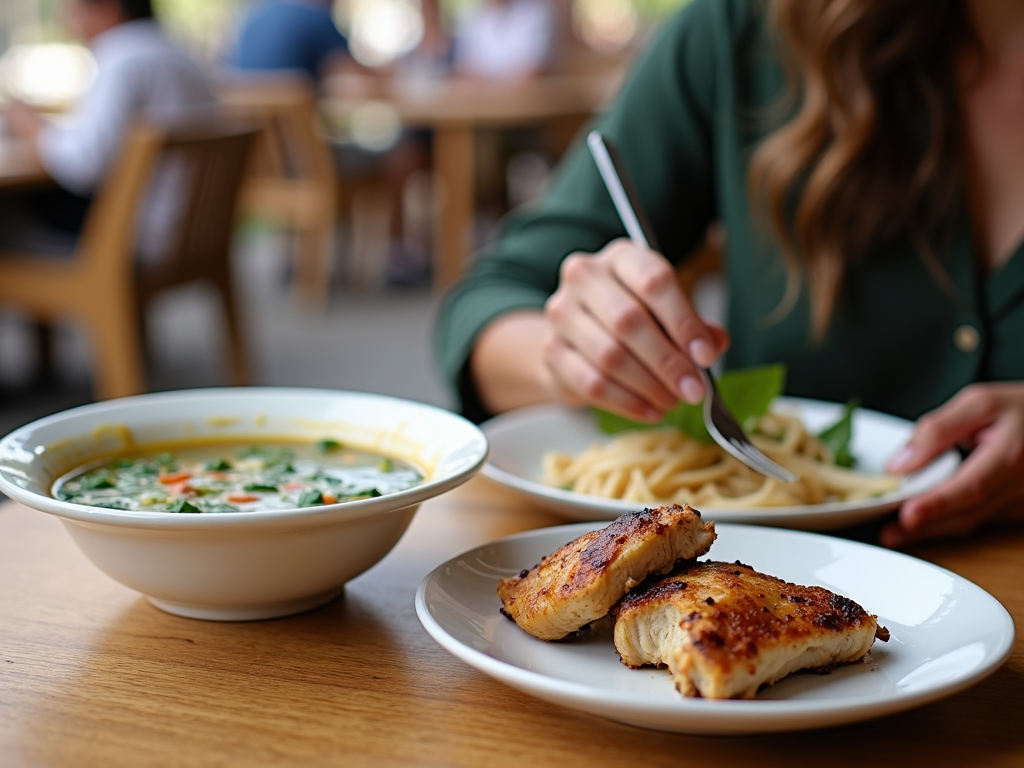 O persoană care savurează un bol cu supă de legume și un fel cu pui la grătar la o masă în aer liber dintr-un restaurant.