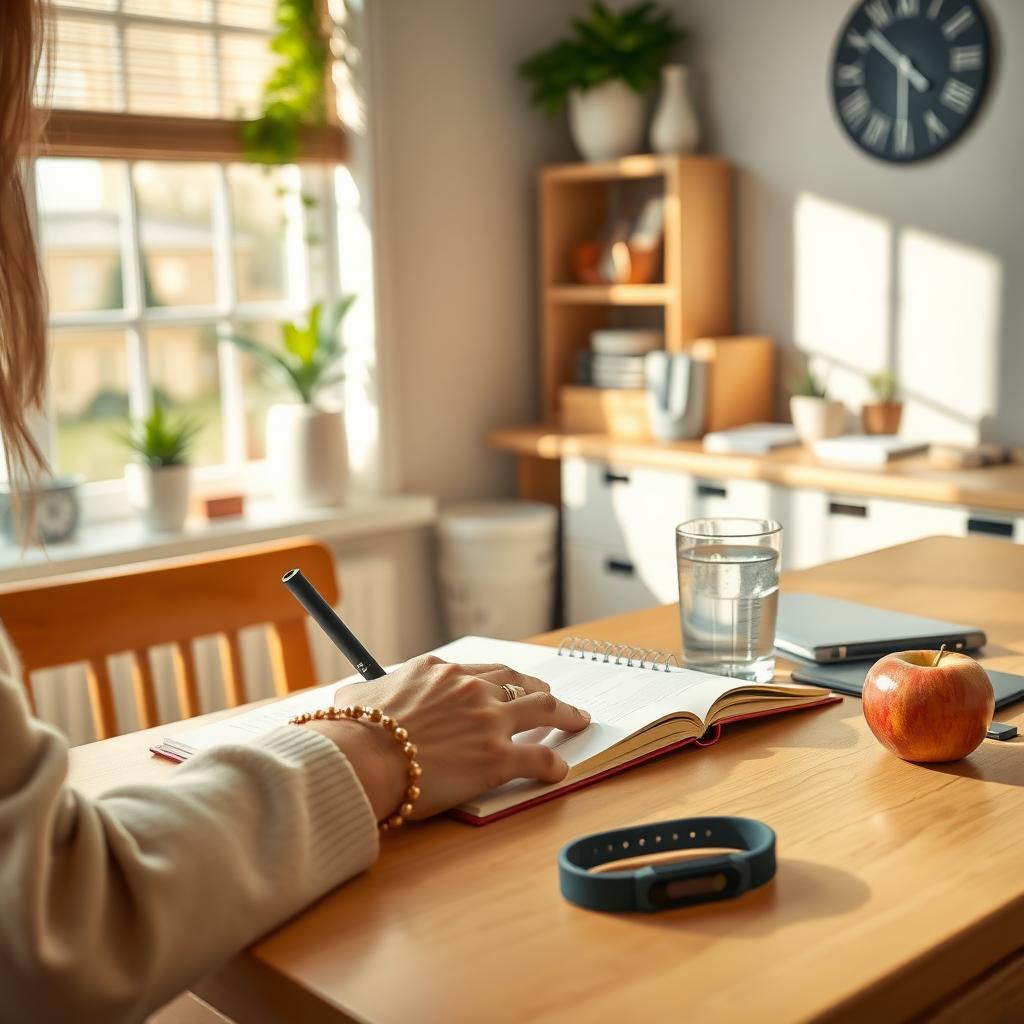 Imagine cu o persoană care scrie într-un jurnal pe un birou confortabil, cu un pahar de apă, o gustare sănătoasă ca un măr și un tracker de fitness în apropiere.