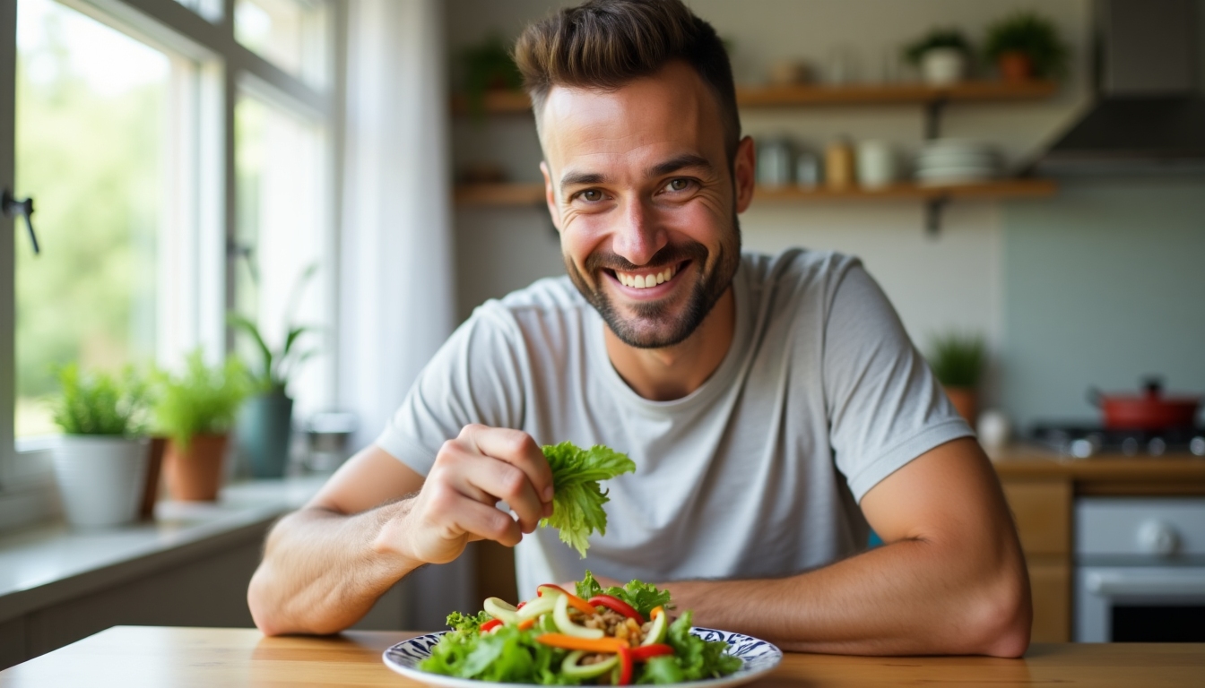 Un bărbat mâncând o salată sănătoasă, inclusă în regimul lui de slăbit.