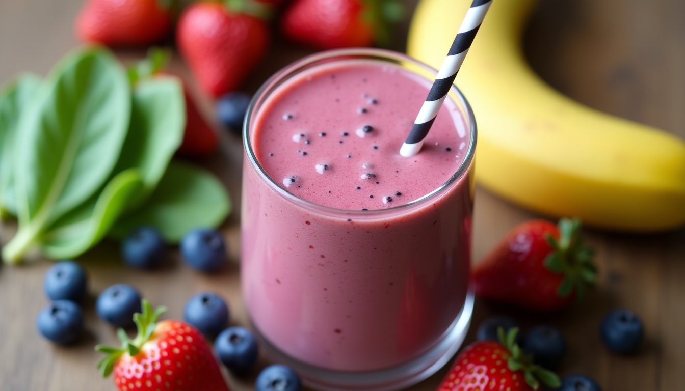 Smoothie colorat într-un pahar cu pai, înconjurat de ingrediente proaspete precum fructe de pădure, spanac și banană