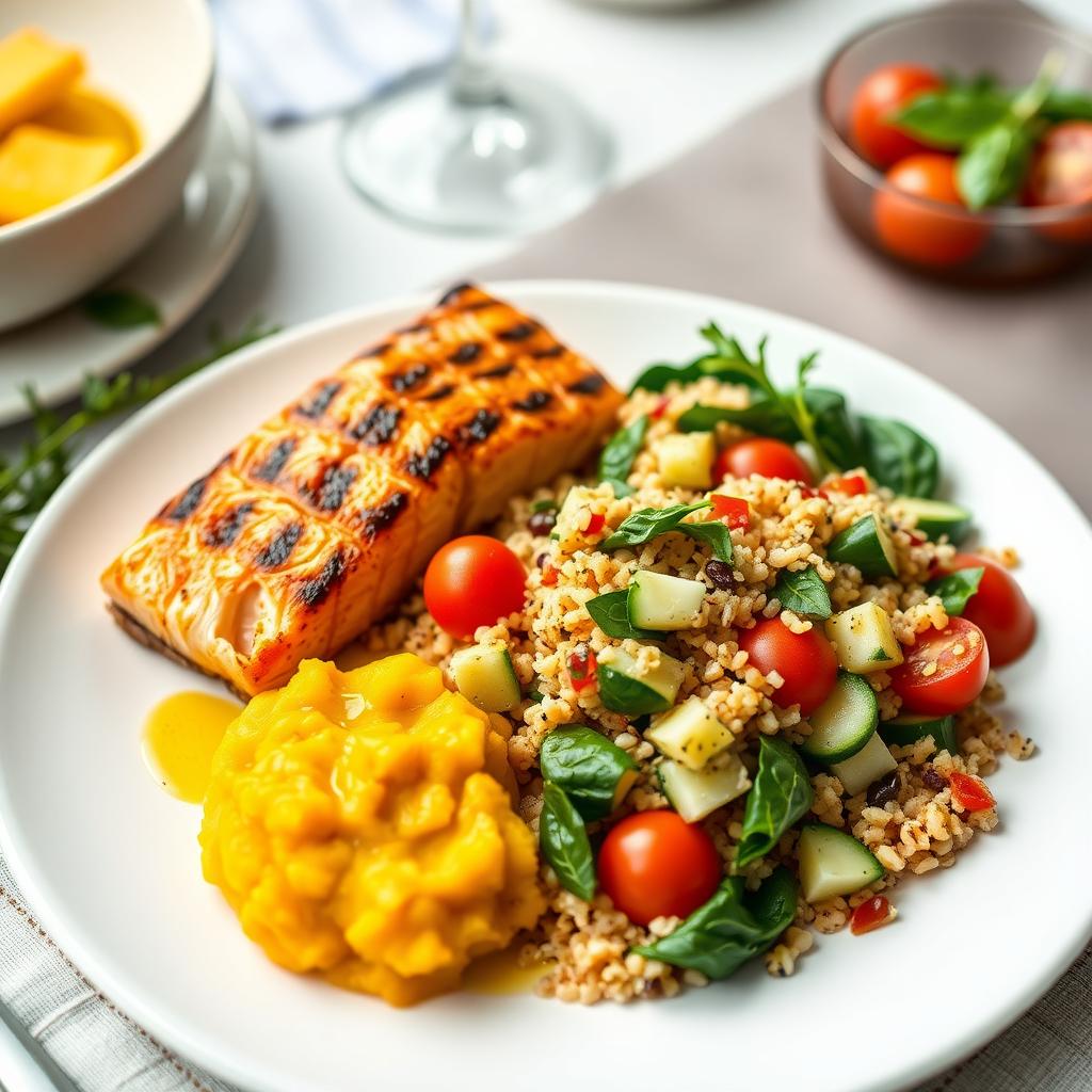 O farfurie sănătoasă cu somon la grătar, salată de quinoa cu roșii cherry, castraveți, spanac și piure de cartofi dulci.