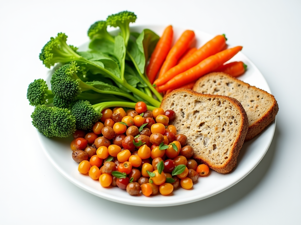 O farfurie echilibrată cu legume colorate, proteine slabe și cereale integrale, reprezentând o dietă bogată în nutrienți pentru slăbit.