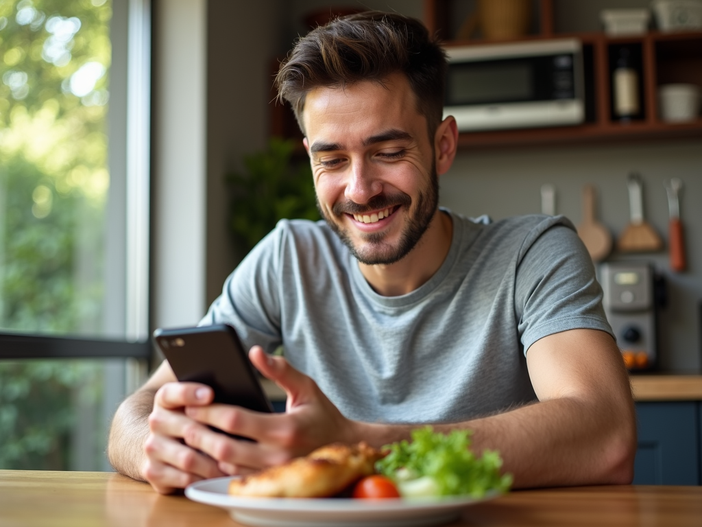 Bărbat tânăr care folosește o aplicație pe smartphone pentru a înregistra consumul alimentar