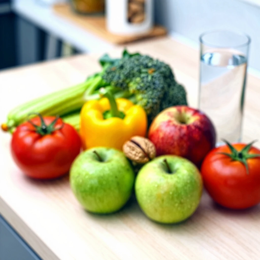 Fructe proaspete, legume, nuci și un pahar cu apă pe masa din bucătărie, simbolizând alegeri alimentare sănătoase