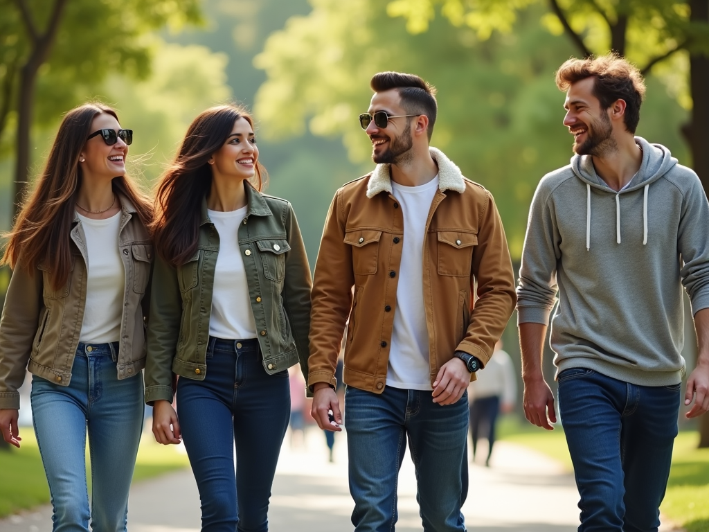 Grup de prieteni care râd și merg împreună într-un parc, purtând haine casual.