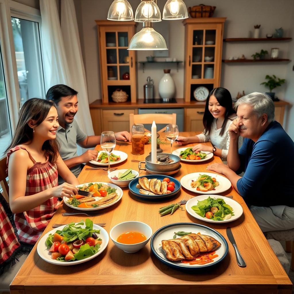 O familie așezată în jurul mesei, savurând o masă sănătoasă preparată acasă, cu salate proaspete și pește la grătar, într-o atmosferă caldă și primitoare.