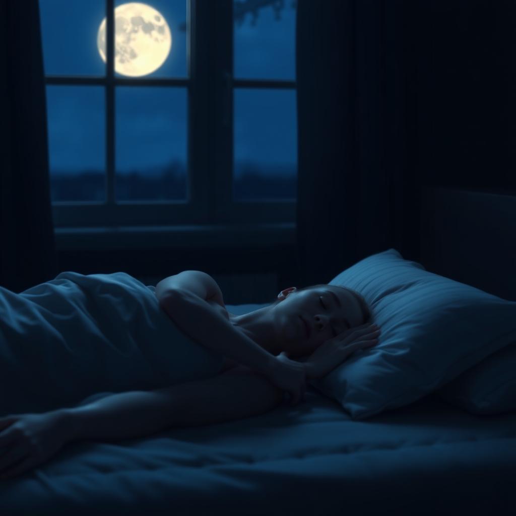 Persoană care doarme liniștită într-o cameră întunecată, pe un pat confortabil cu perne moi și o pătură ușoară, cu lumina lunii pătrunzând prin fereastră.