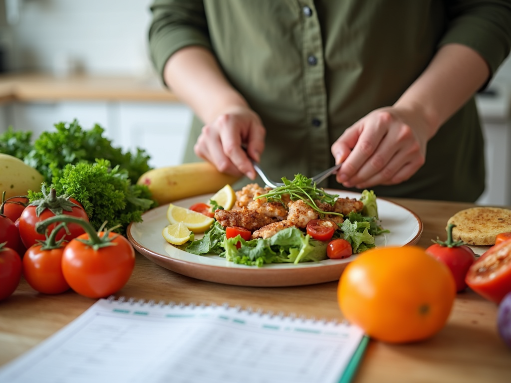 O persoană care pregătește o masă sănătoasă cu o varietate de fructe, legume și proteine slabe, cu un plan de masă vizibil pe masă.