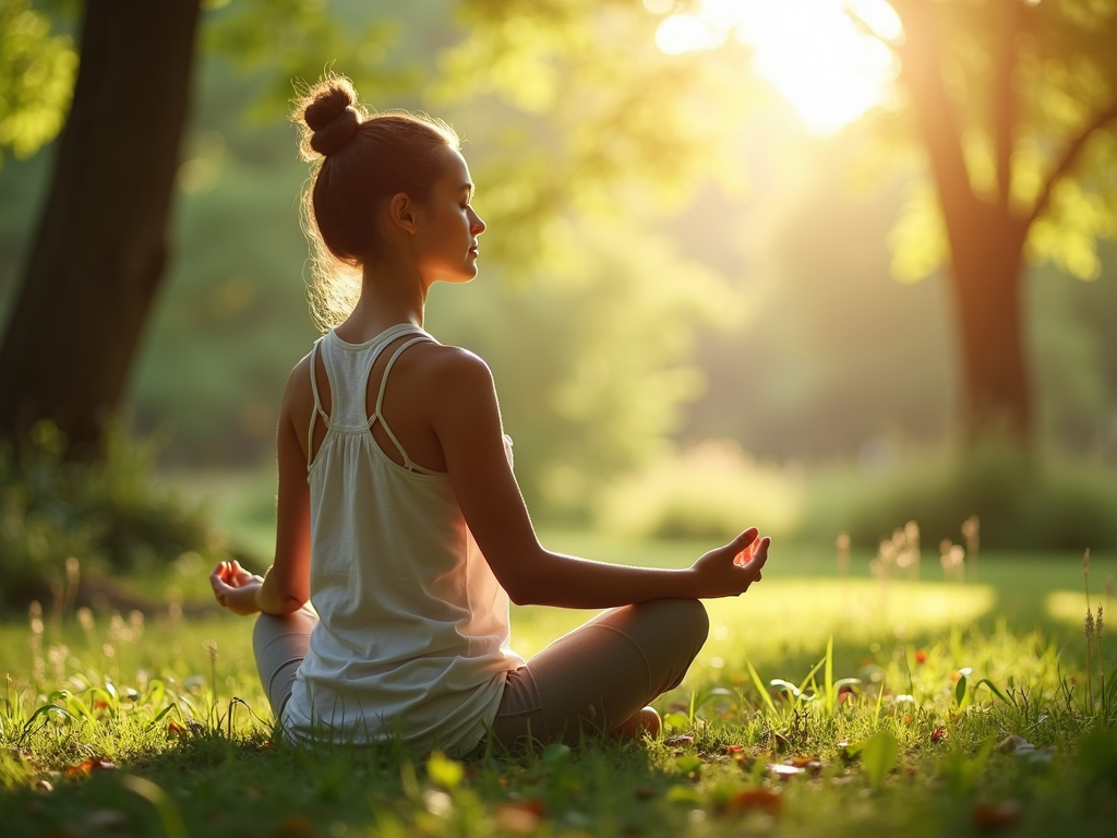 O persoană care meditează într-un cadru liniștit în aer liber, înconjurată de natură, simbolizând abordarea holistică a sănătății și detoxifierii.