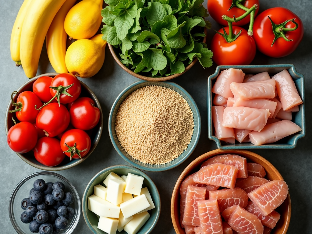 Alimente sănătoase pentru slăbit: fructe, legume, proteine slabe și cereale integrale.