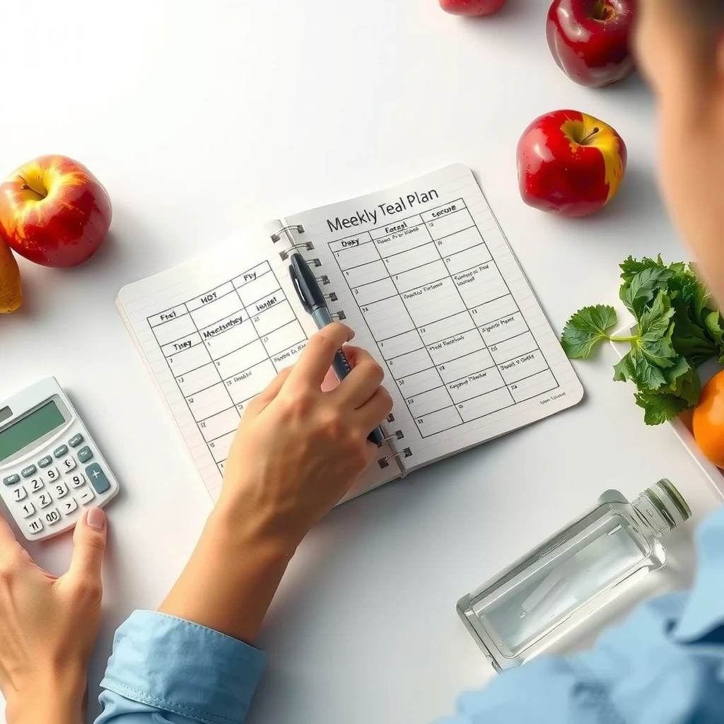 Persoană care își planifică meniul săptămânal și programul de exerciții într-un caiet