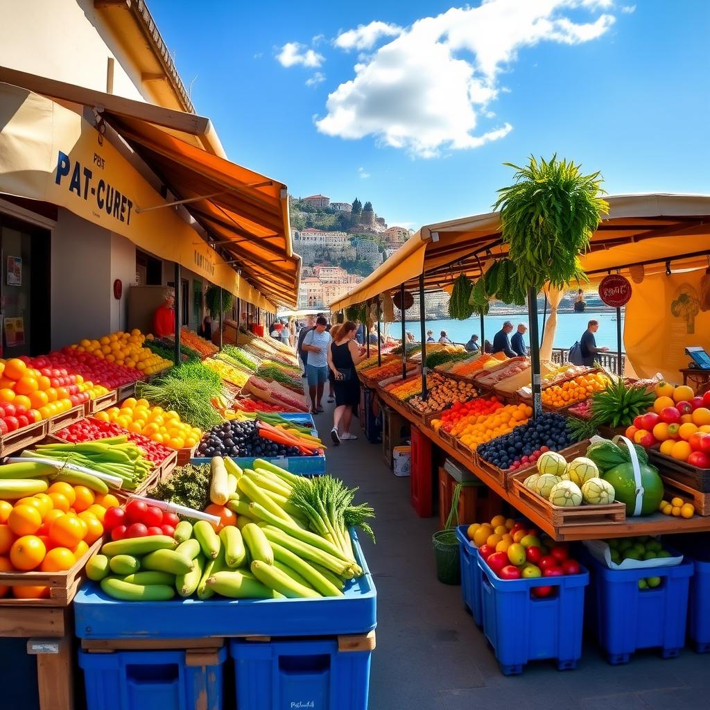 Piață vibrantă în aer liber cu fructe și legume proaspete, expuse pe tarabe din lemn, cu oameni care fac cumpărături sub un cer însorit și un oraș mediteranean în fundal.