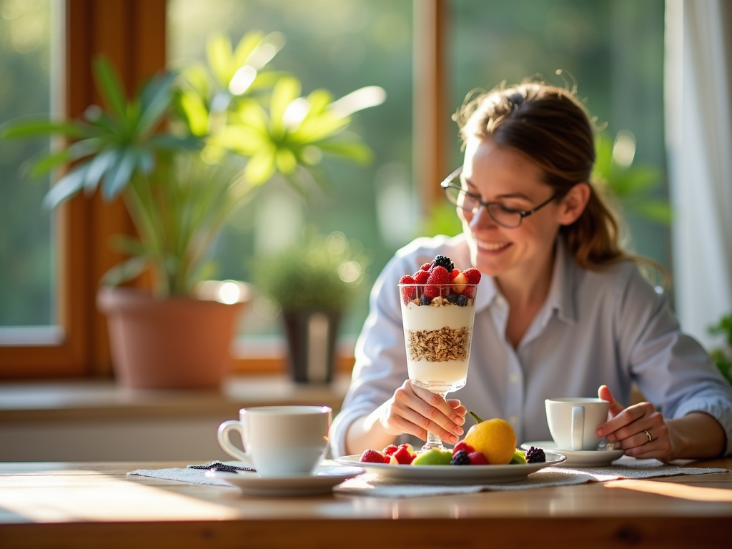 O persoană savurând un mic dejun nutritiv cu parfait de iaurt, straturi de granola, fructe proaspete și nuci, așezată într-un colț însorit pentru micul dejun cu vedere la o grădină.