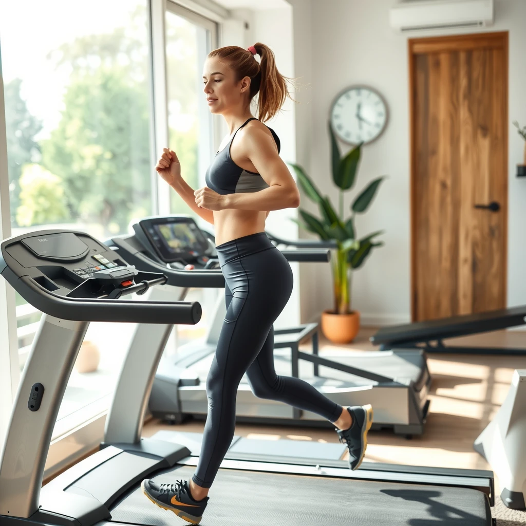 Femeie motivată alergând pe bandă în sala de fitness acasă, transpirând și plină de energie