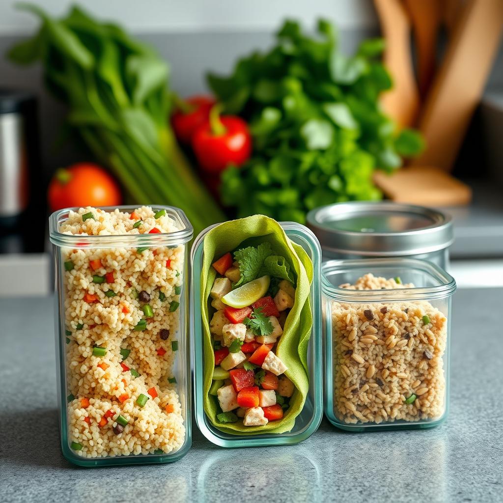 Scenă de pregătire a meselor cu trei recipiente de sticlă, fiecare conținând un prânz sănătos (salată de quinoa, wrap cu ton și bol de orez brun), aranjate pe un blat de bucătărie cu legume proaspete și ierburi în fundal.