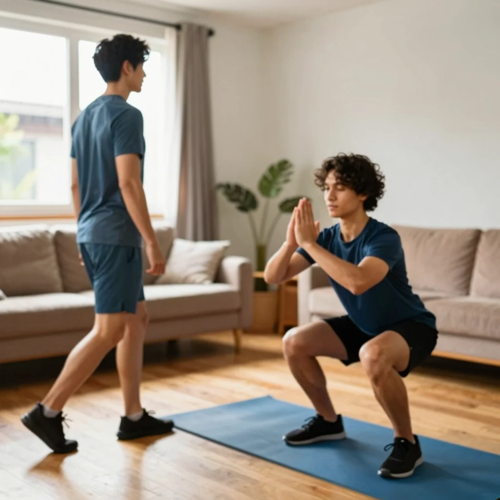 Începători efectuând exerciții simple acasă: mers pe loc, genuflexiuni și întinderi în living