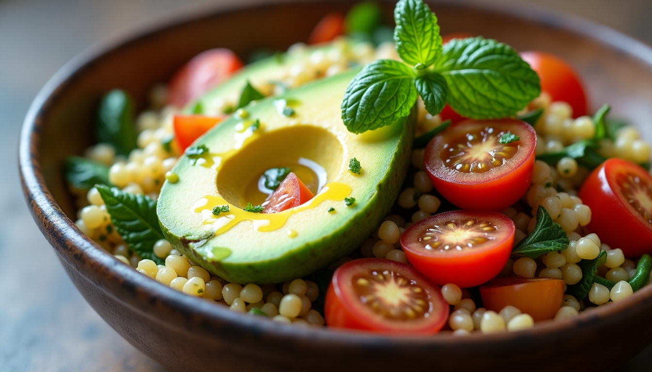 Un bol cu salată colorată de quinoa cu avocado și roșii cherry, presărată cu mentă proaspătă.