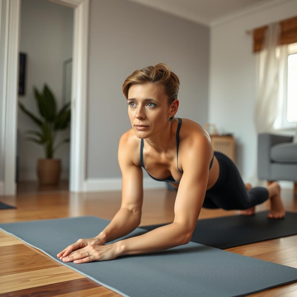 Persoană care execută exercițiul plank pe o saltea de yoga, într-o cameră minimalistă cu podea din lemn și iluminare caldă.