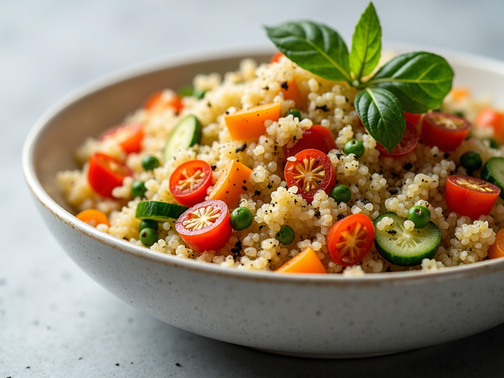 Un bol cu quinoa gătită, legume amestecate și ierburi aromatice