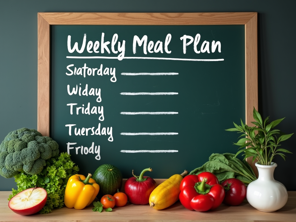 Un plan de masă săptămânal scris pe o tablă, cu ingrediente sănătoase în fundal