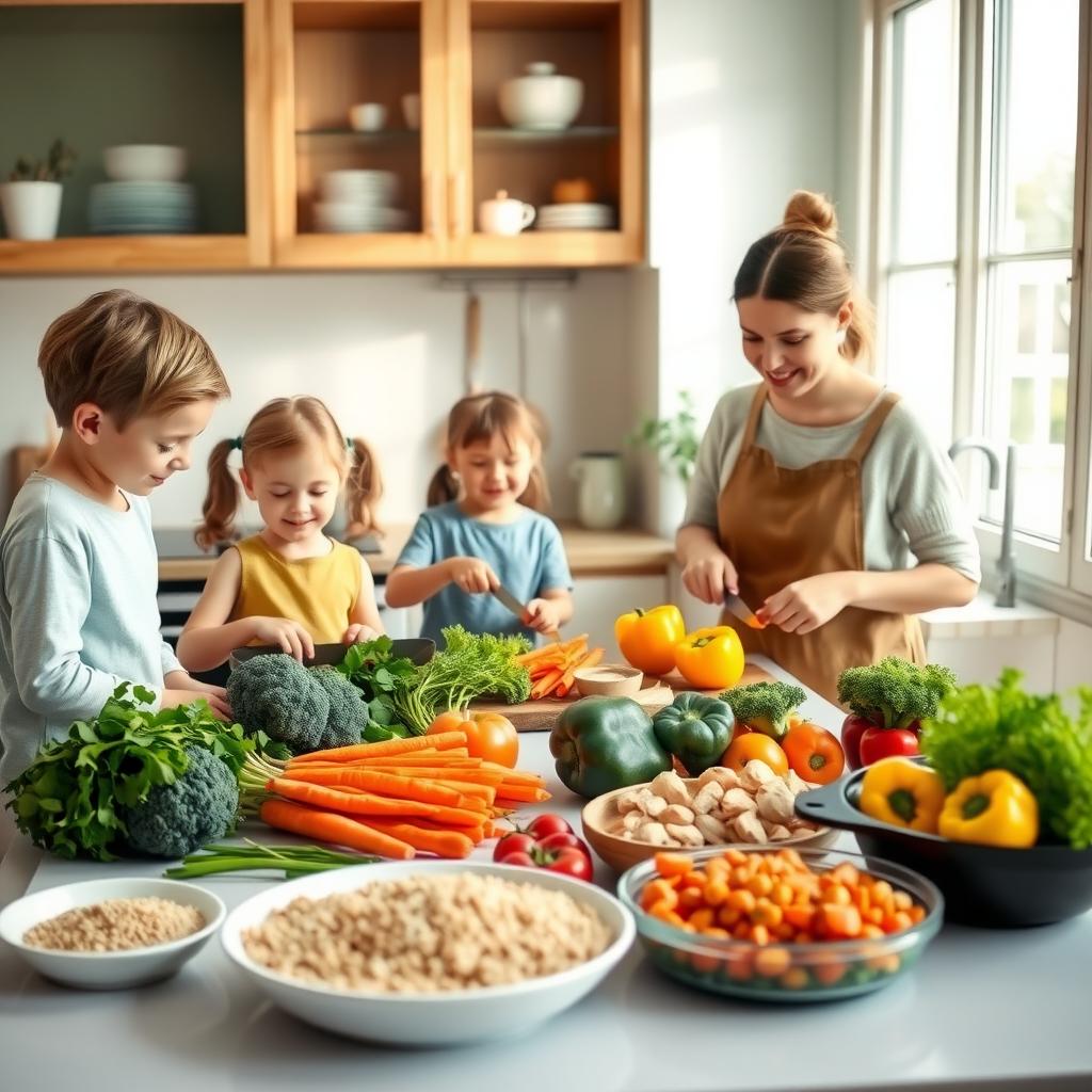 O familie pregătește o masă sănătoasă împreună într-o bucătărie luminoasă, cu legume colorate și ingrediente hrănitoare pe masă.
