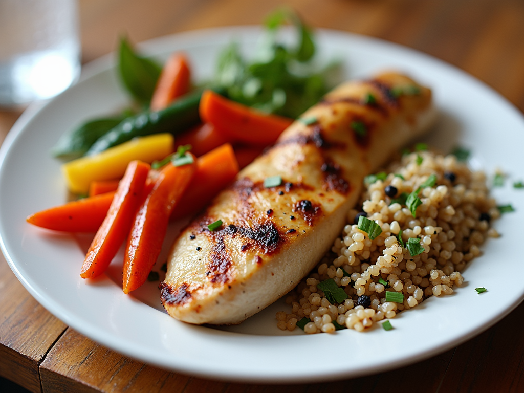 Farfurie cu pui la grătar, legume și quinoa