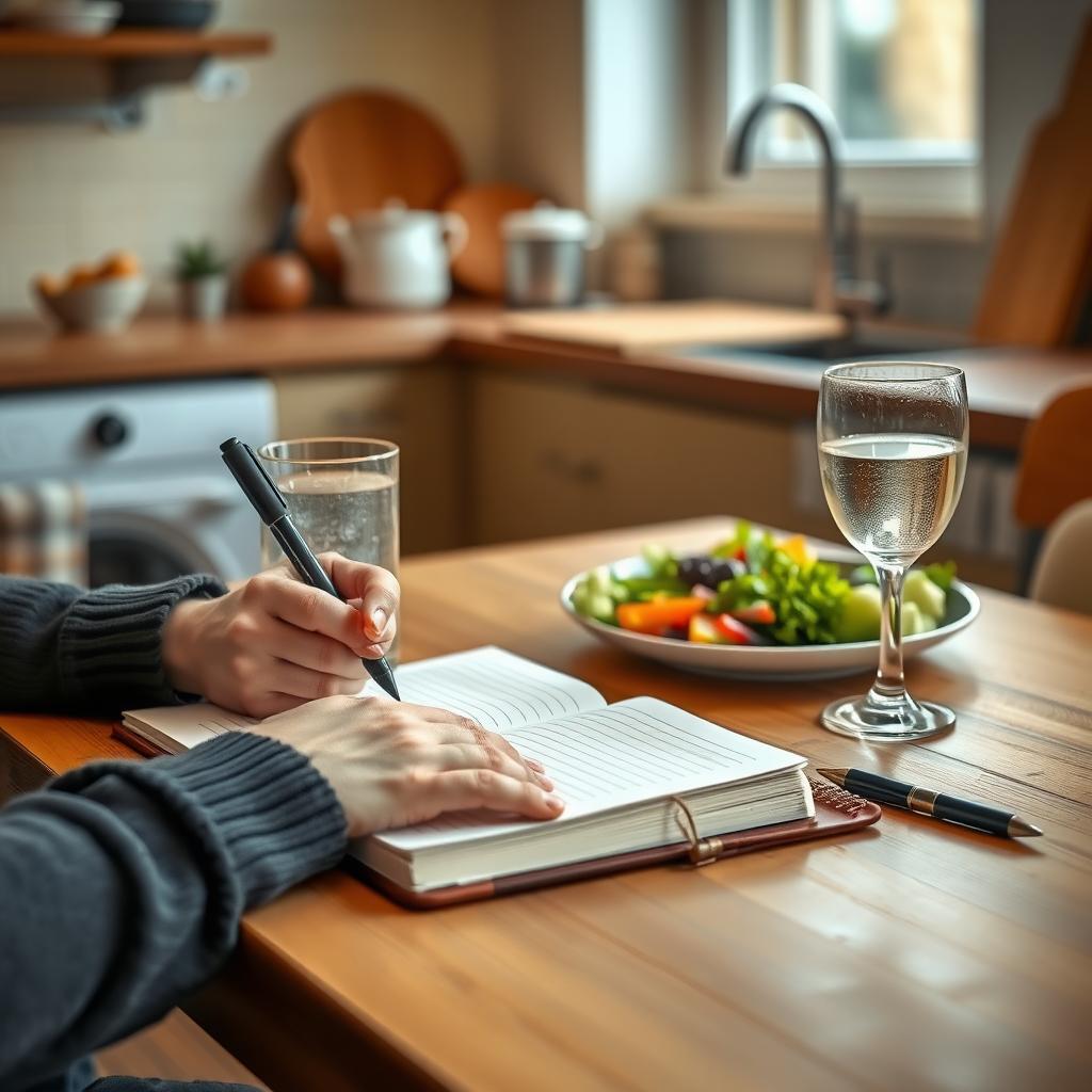O persoană care notează într-un jurnal alimentar pe un birou din lemn, cu un pahar de apă, o farfurie cu legume colorate și un pix în apropiere, într-o bucătărie confortabilă cu lumină caldă.