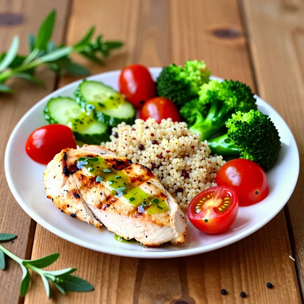 Farfurie cu prânz echilibrat: pui grill, quinoa și legume colorate
