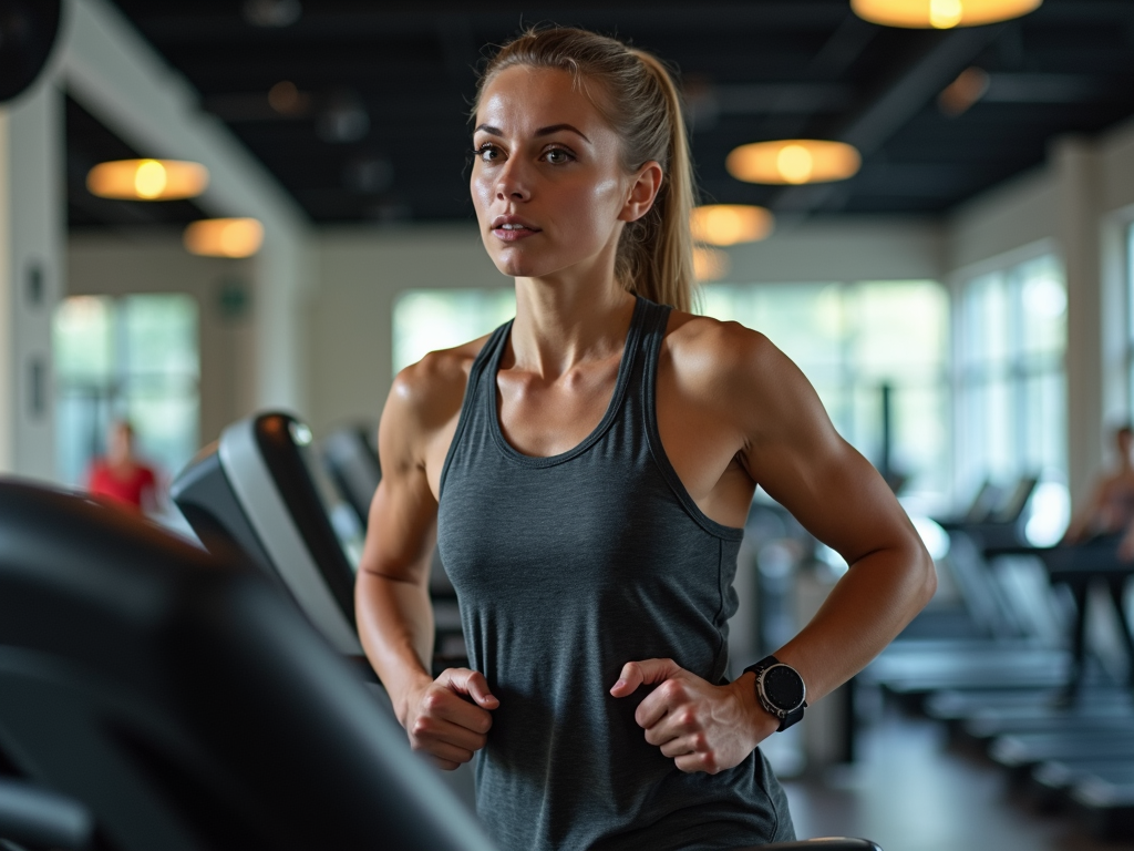 Persoană care aleargă pe o bandă de alergare într-o sală de sport
