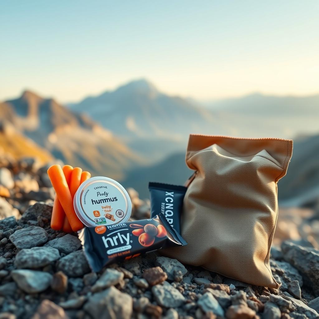 Un kit de călătorie al unui excursionist pe un traseu montan, cu un recipient de hummus, morcovi baby, o ciocolată neagră și o pungă reutilizabilă cu fructe uscate, pe fundalul unui peisaj montan.