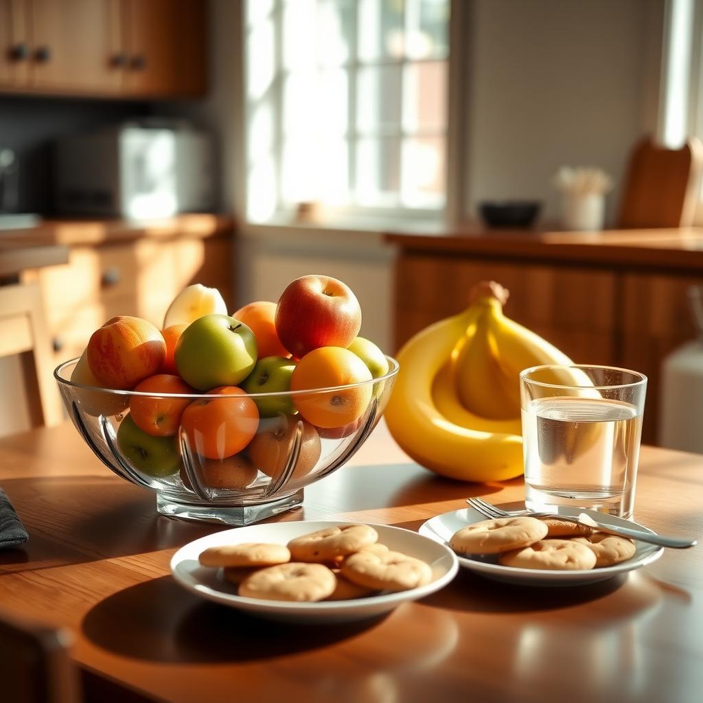 O masă de bucătărie confortabilă cu un bol plin de fructe colorate, cum ar fi mere, portocale și banane, lângă un platou cu biscuiți și un pahar cu apă, iluminat delicat de lumina naturală a unei ferestre.