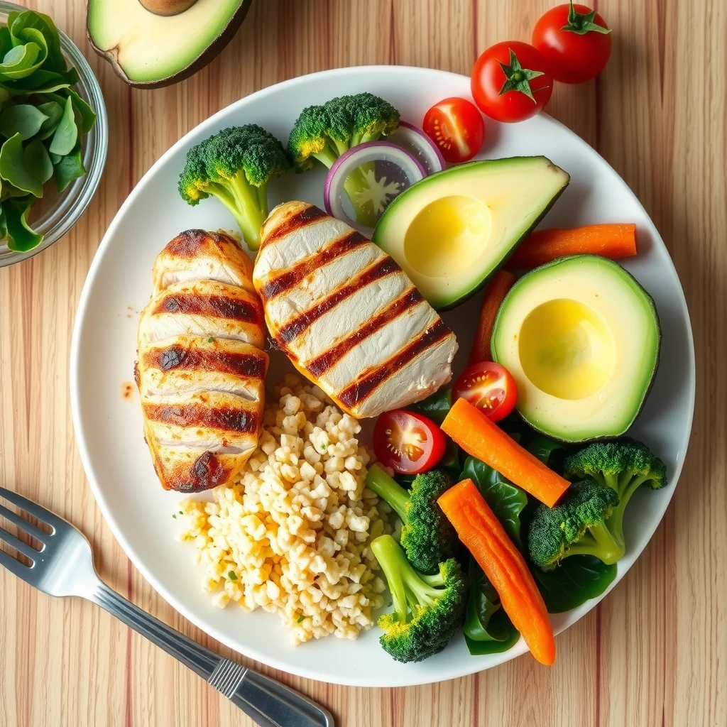 Farfurie colorată cu o masă echilibrată sănătoasă: piept de pui la grătar, quinoa, broccoli, morcovi, avocado și salată verde