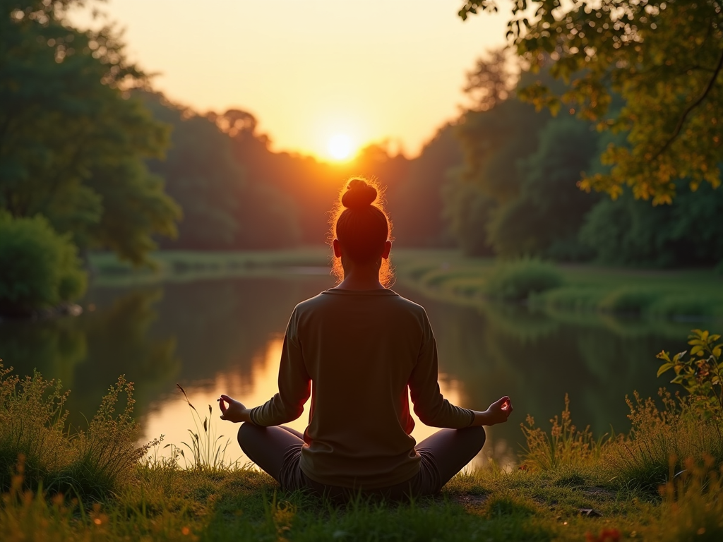 Persoană meditând într-un cadru natural senin