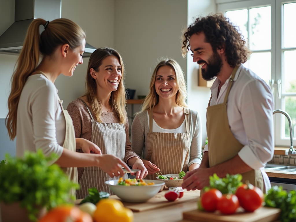 Un grup de prieteni care râd și gătesc împreună într-o bucătărie luminoasă, pregătind o masă sănătoasă cu ingrediente proaspete.
