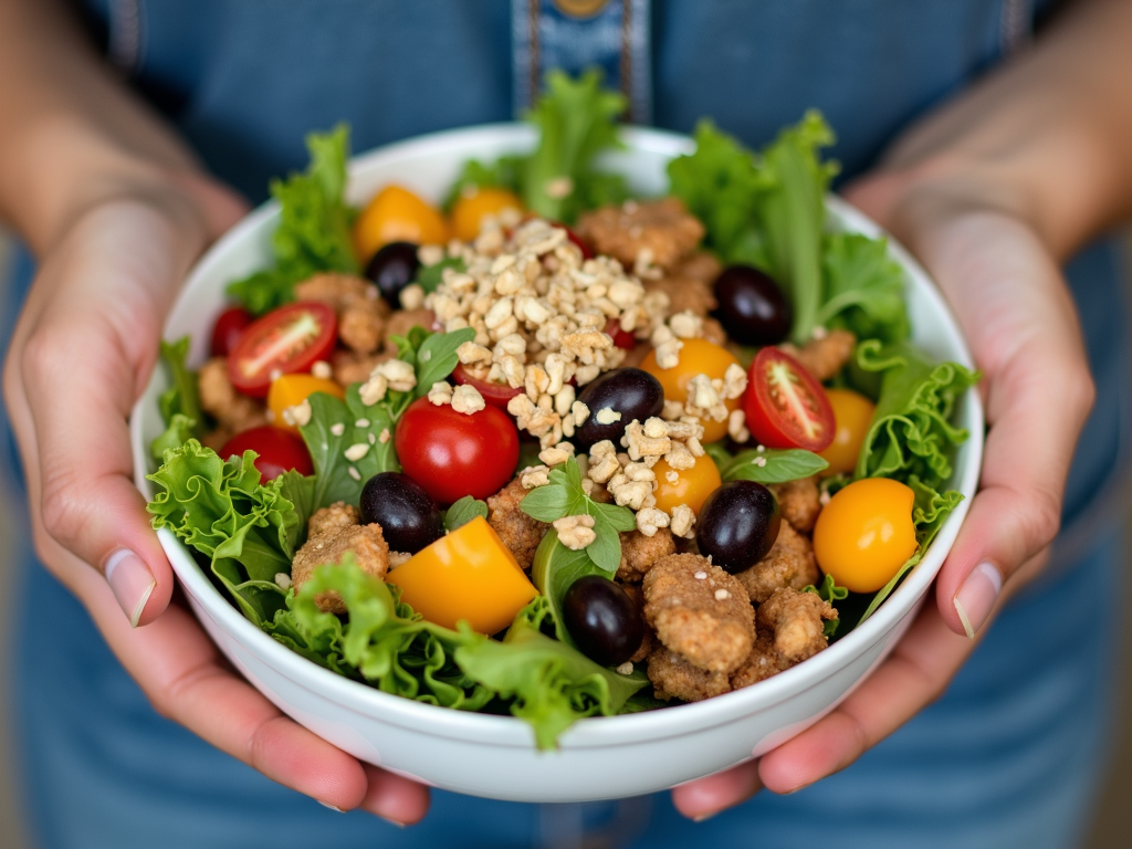 O persoană care ține un bol cu salată colorată și proaspătă, cu legume și proteine slabe, arătând satisfăcută și sănătoasă.