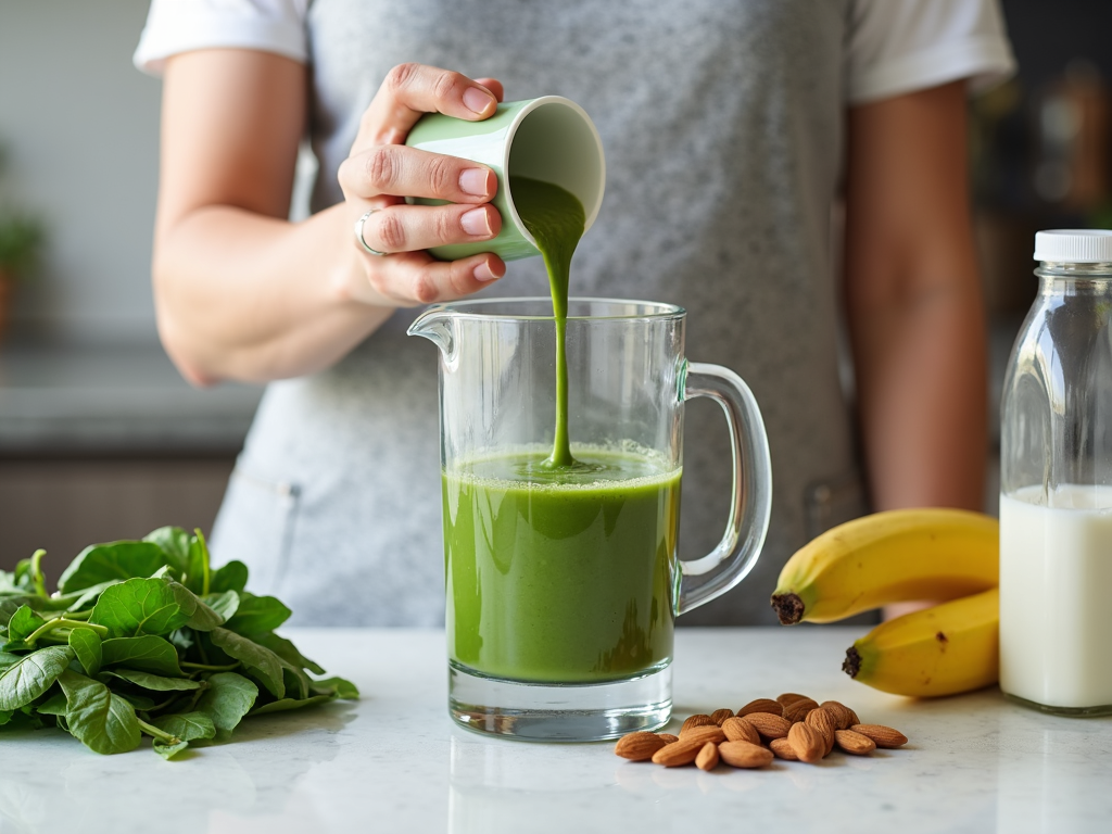 Persoană preparând un smoothie verde în blender